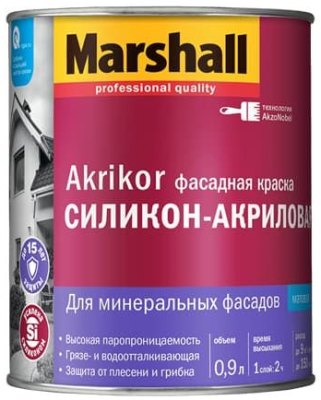 Краска MARSHALL AKRIKOR Фасадная силикон-акриловая мат BW 0,9л