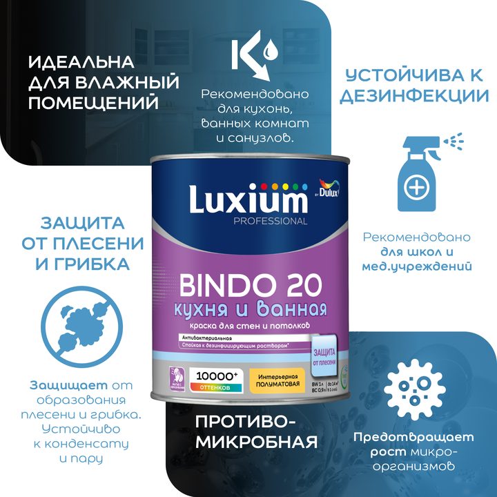 Luxium Bindo 20 «Кухня и ванная»: полуматовая, антибактериальная